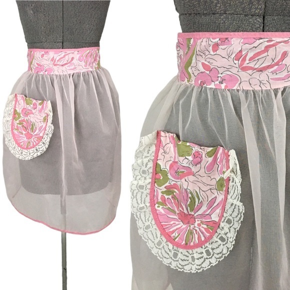 Vintage Accessories - Vintage Pink Half Apron Sheer Chiffon Abstract Lace Tie Back Hostess